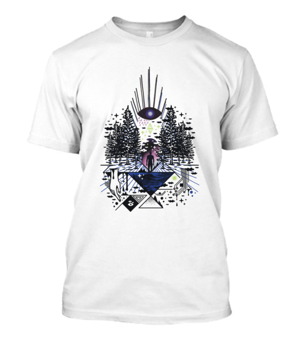 Mystical Forest Journey With Cosmic Symbols And Geometric T-Shirt