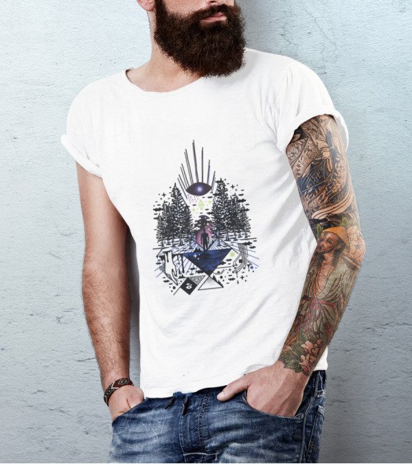 Mystical Forest Journey With Cosmic Symbols And Geometric T-Shirt