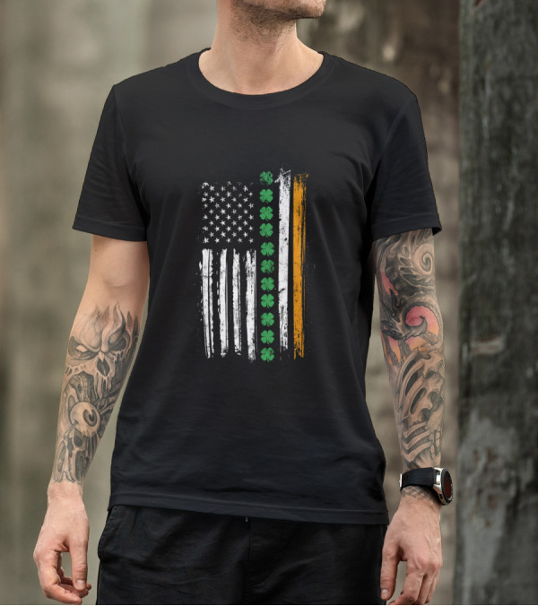 American Flag With Green Shamrocks And Irish Colors T-Shirt