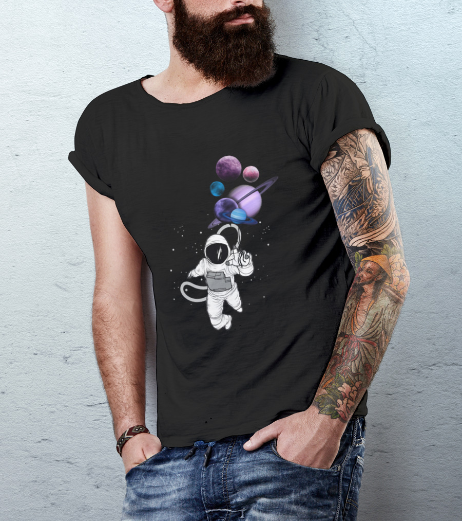 Astronaut Floating With Planet Balloons In Outer Space Fiction T-Shirt