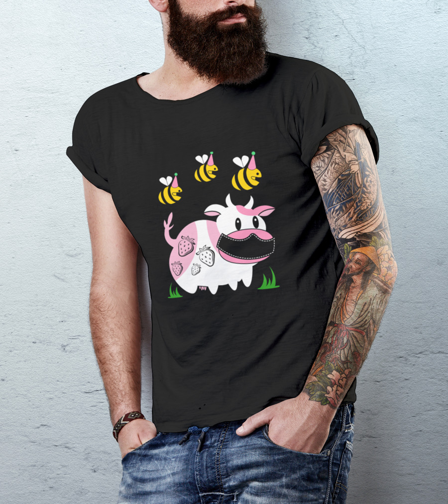 Strawberry Cow And Bees Cute Pink Yellow Anim Cows Party Hats T-Shirt