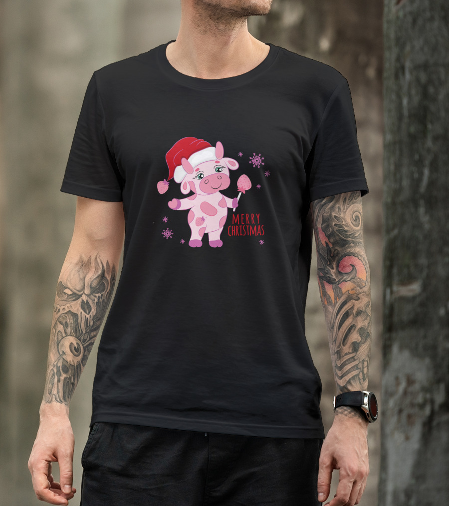 Merry Christmas Strawberry Cow Santa Hat Cute Farming T-Shirt