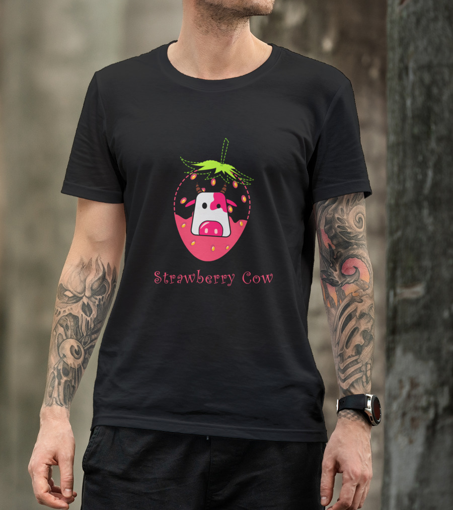 Strawberry Cow Cute Cartoon Strawberry Cow Tic Toc Milksha T-Shirt