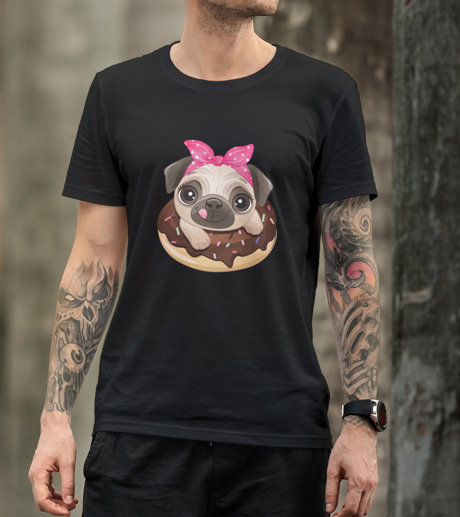 Cute Pug Donut Lover Puppy Dog With Polka Dot Pink Bow T-Shirt