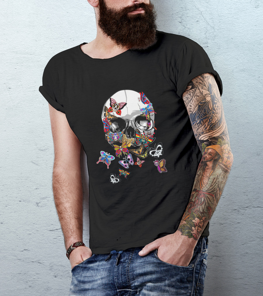 Dead Butterflies Skull Animal Motif T-Shirt