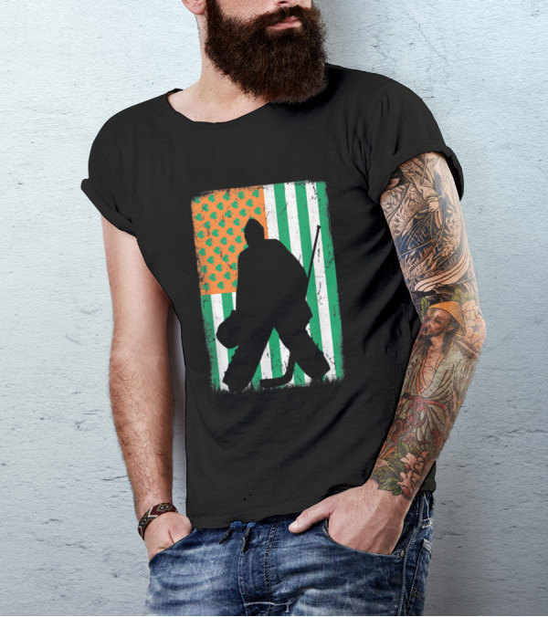 Ice Hockey Goalie With Irish American Flag And Shamrock Design St Patrick's T-Shirt
