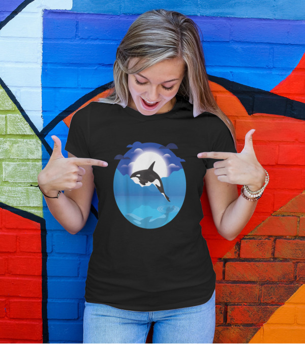 Midnight Orca 363 Full Moon Jump Over Ocean Scene T-Shirt