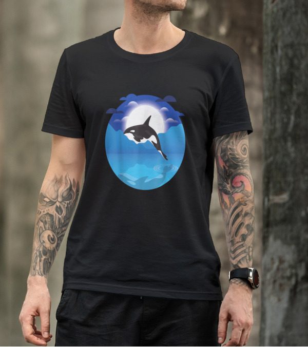 Midnight Orca 363 Full Moon Jump Over Ocean Scene T-Shirt
