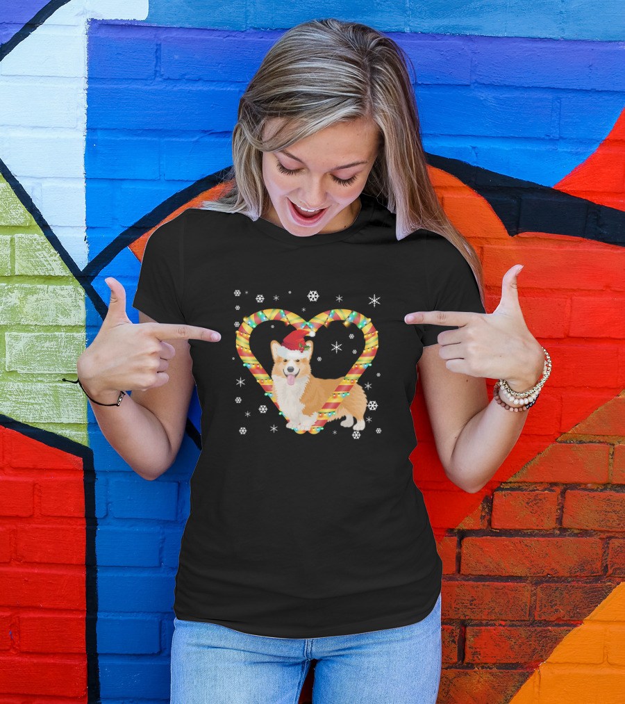 Corgi With Santa Hat In Candy Cane Heart And Christmas Lights T-Shirt