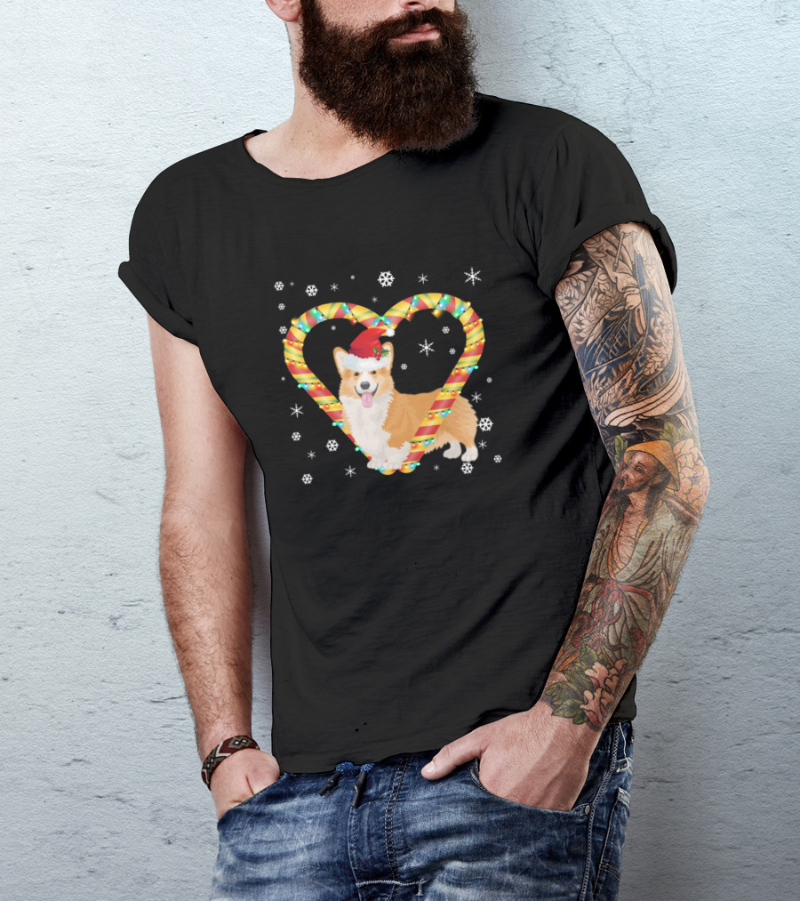 Corgi With Santa Hat In Candy Cane Heart And Christmas Lights T-Shirt
