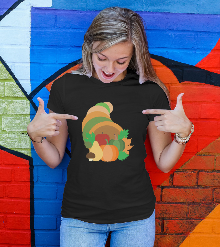 Cornucopia Harvest Pumpkin Apple Fall Leaves Squash Mushroom T-Shirt