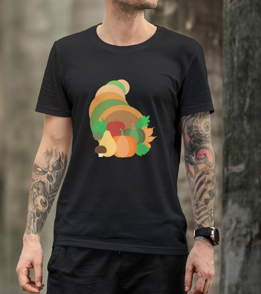 Cornucopia Harvest Pumpkin Apple Fall Leaves Squash Mushroom T-Shirt