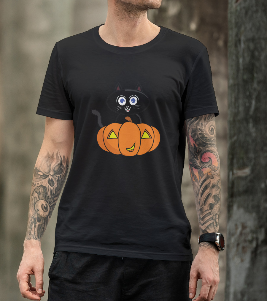Cute Black Cat Halloween Pumpkin Cartoon T-Shirt
