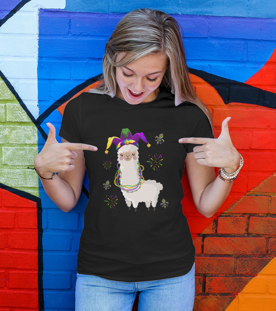 Mardi Gras Llama With Jester Hat And Beads T-Shirt