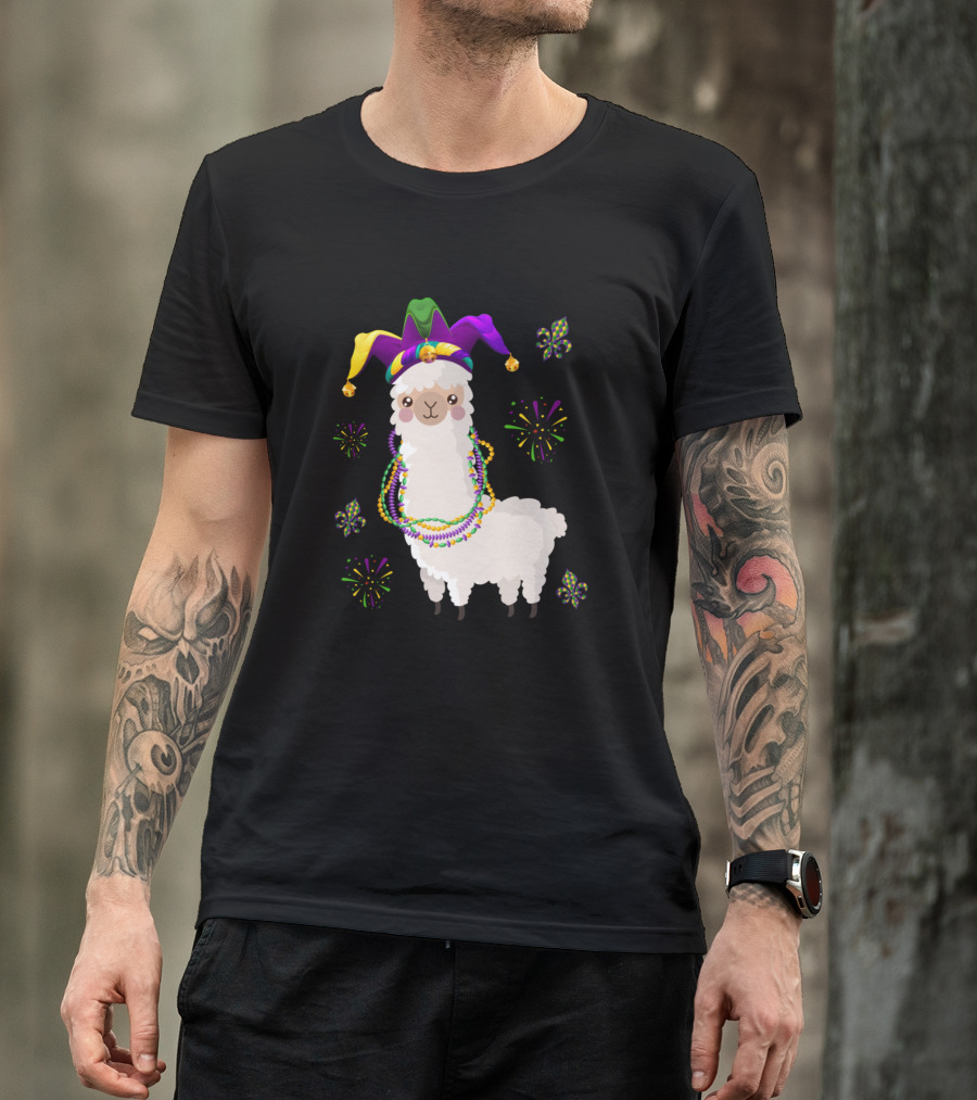 Mardi Gras Llama With Jester Hat And Beads T-Shirt