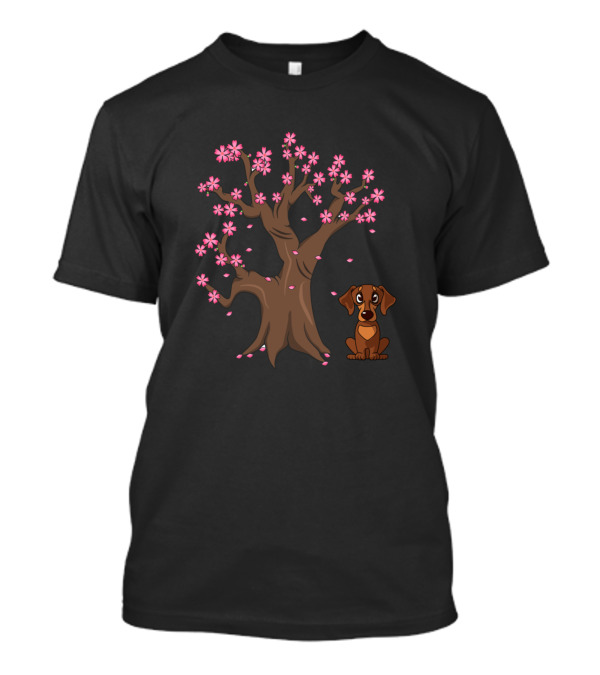 Dachshund Love Under Japanese Cherry Blossom Tree T-Shirt