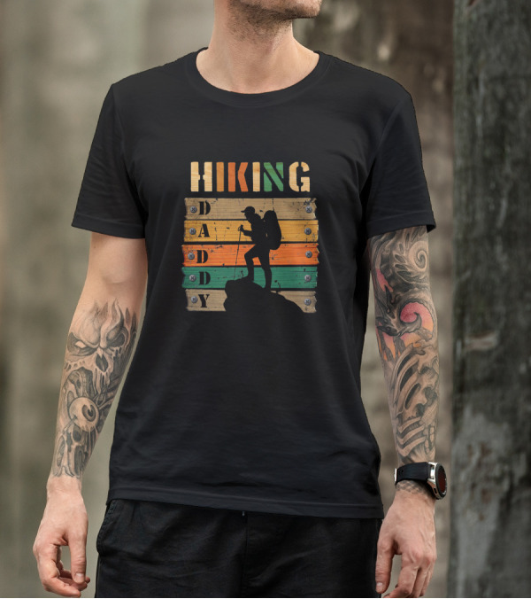 Hiking Daddy With Silhouette On Wood Plank Background T-Shirt