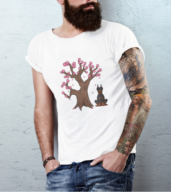 Doberman Pinscher With Sakura Cherry Blossom Tree Love T-Shirt