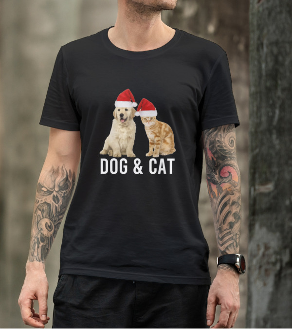 Dog And Cat Santa Hats Holiday Duo T-Shirt