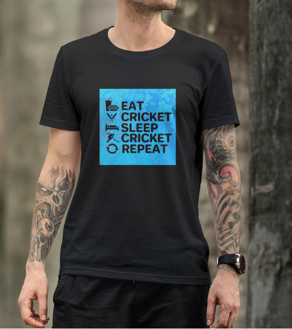 Eat Cricket Sleep Cricket Repeat Icons Blue Background T-Shirt