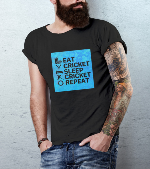 Eat Cricket Sleep Cricket Repeat Icons Blue Background T-Shirt