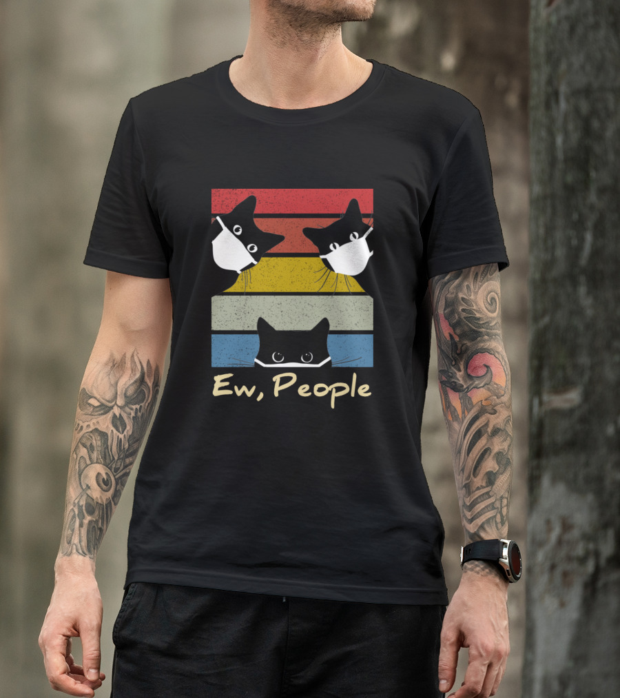 Ew People Cats Wearing Masks Retro Stripes T-Shirt