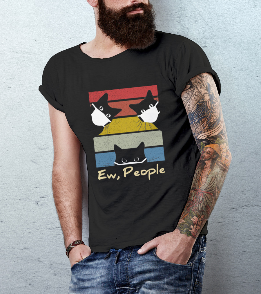 Ew People Cats Wearing Masks Retro Stripes T-Shirt