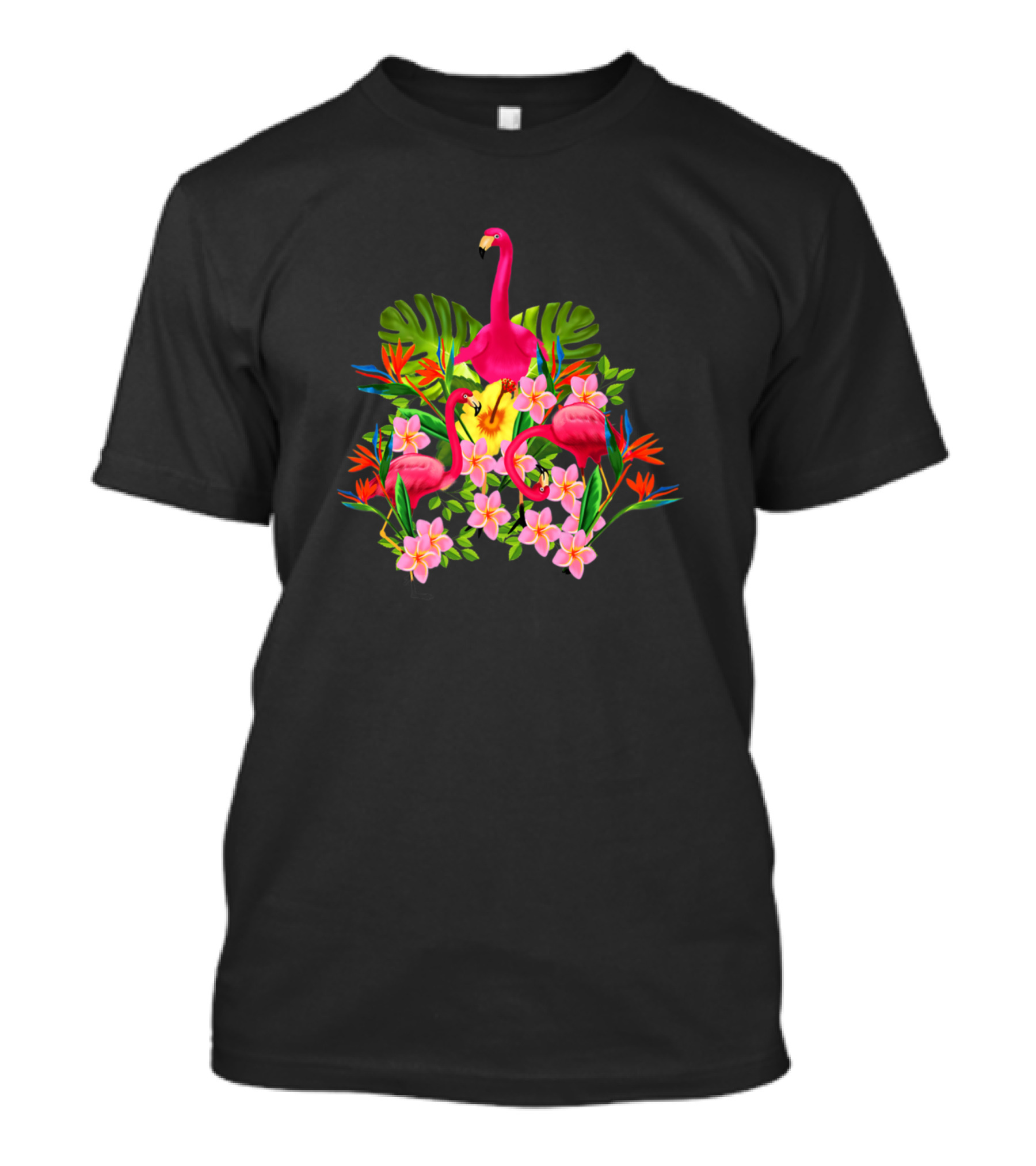 Flamingo Flock Tropical Floral Birds Lush Paradise Blooms T-Shirt