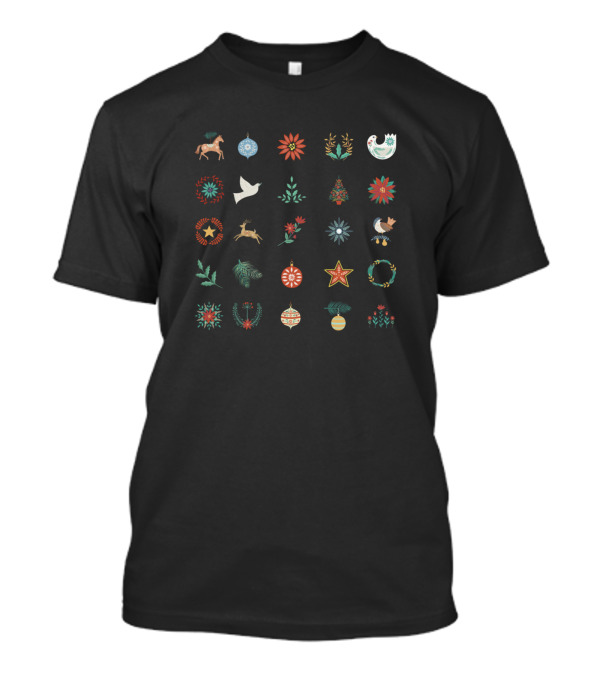 Folk Art Holiday Icons Reindeer Dove Ornaments Wreaths And Seasonal Flowers T-Shirt