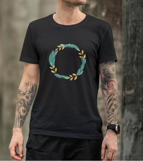 Folk Art Wreath Leaves And Yellow Accents T-Shirt