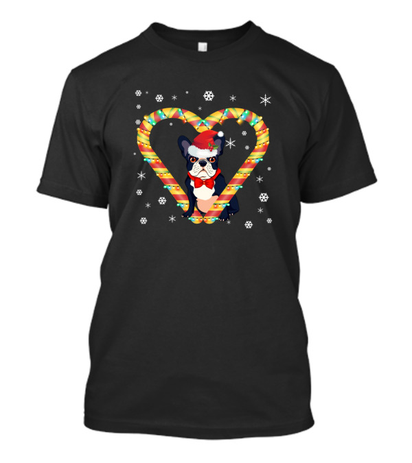 French Bulldog Santa Candy Cane Heart Snowflakes Christmas T-Shirt