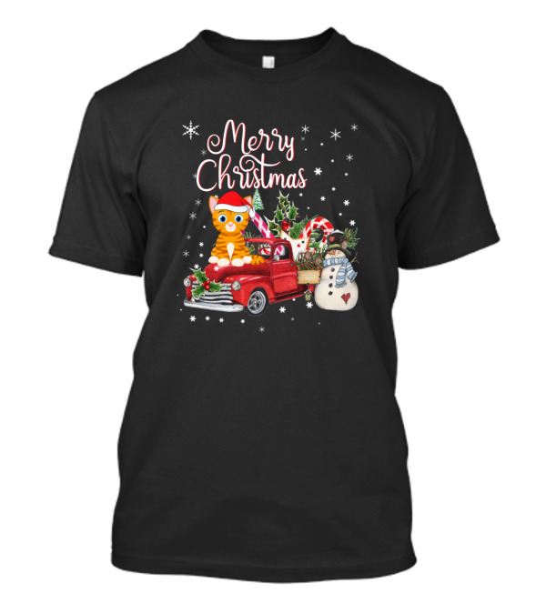 Merry Christmas Cat Red Truck Snowman Candy Cane T-Shirt