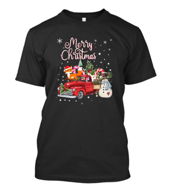 Merry Christmas Fox Red Truck Santa Hat Snowman Candy Canes T-Shirt