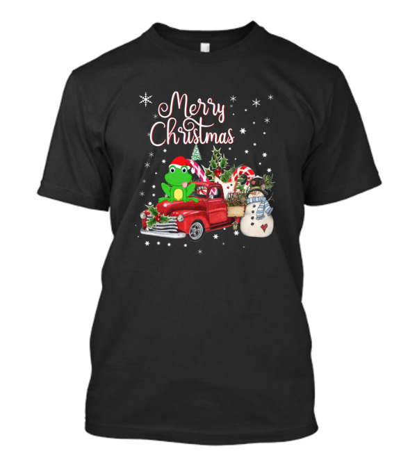 Merry Christmas Funny Frog In Santa Hat Riding Red Truck With Snowman And Candy Canes T-Shirt
