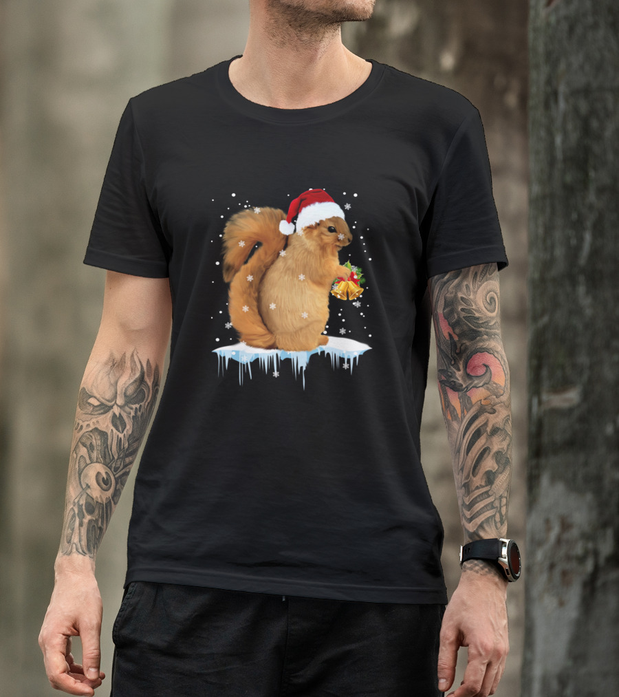 Squirrel Santa Hat Holding Christmas Ornament Decor Snowflakes T-Shirt
