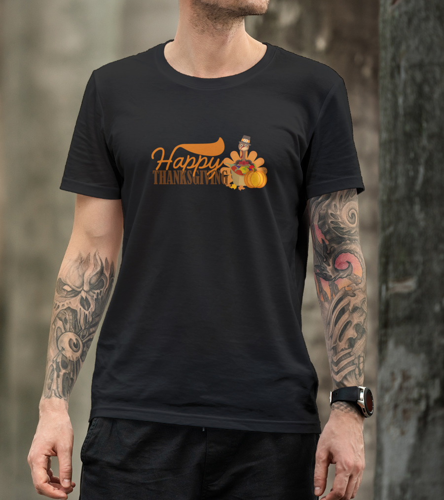 Happy Thanksgiving Funny Turkey With Pilgrim Hat And Harvest Pumpkin T-Shirt