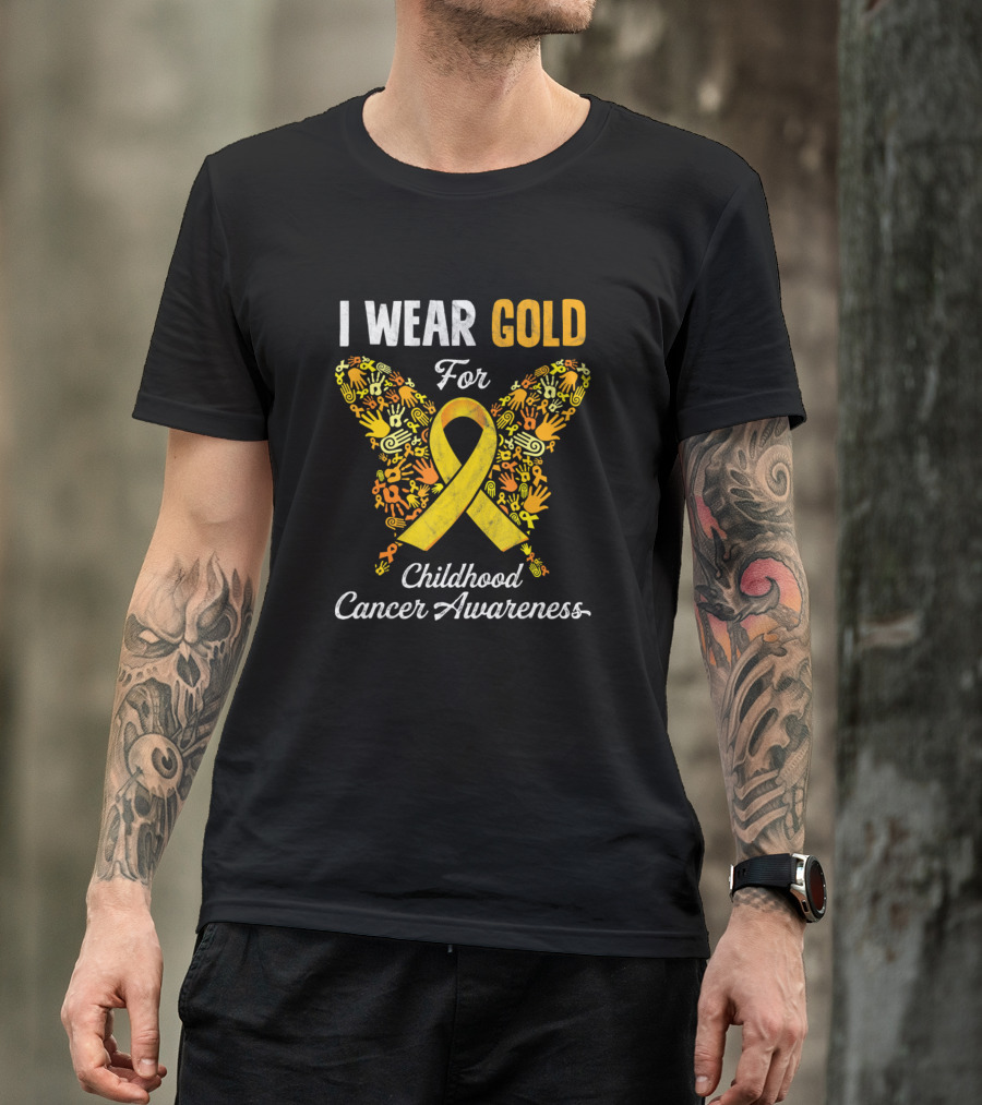 I Wear Gold For Childhood Cancer Awareness Butterfly Ribbon T-Shirt
