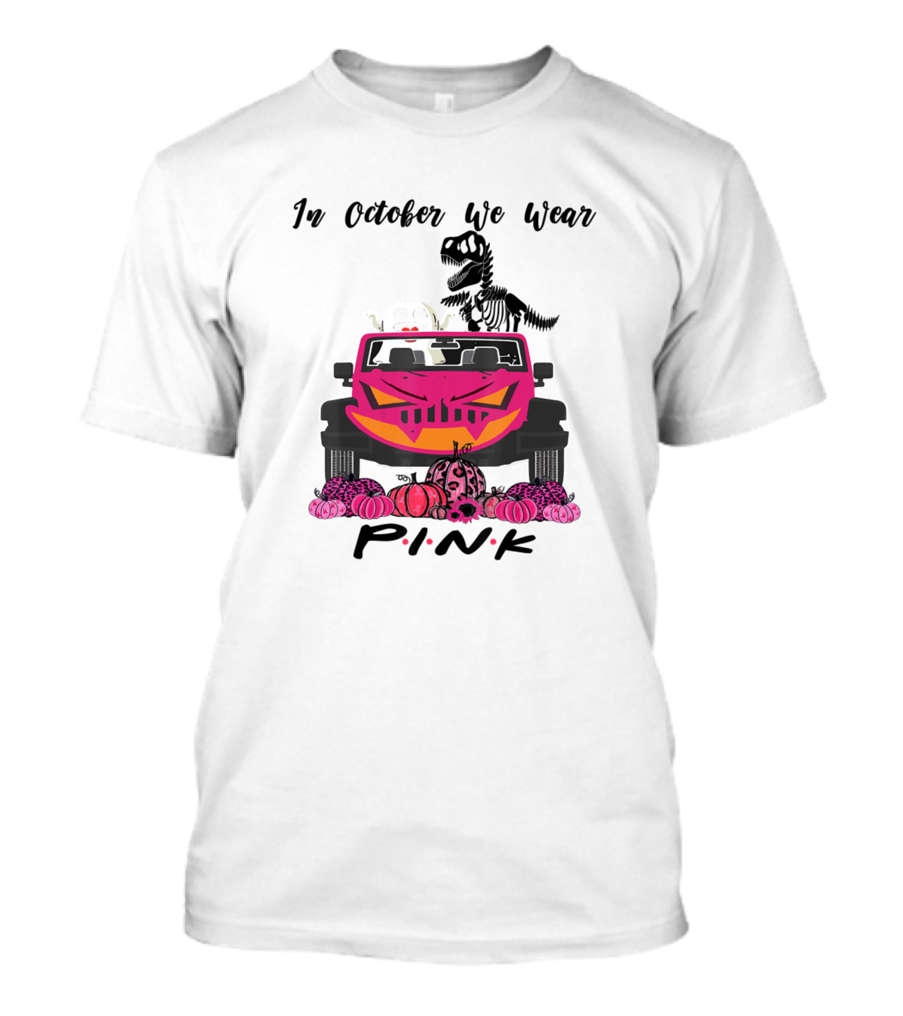In October We Wear Pink Jeep Pumpkin Boo Rex Cancer T-Shirt