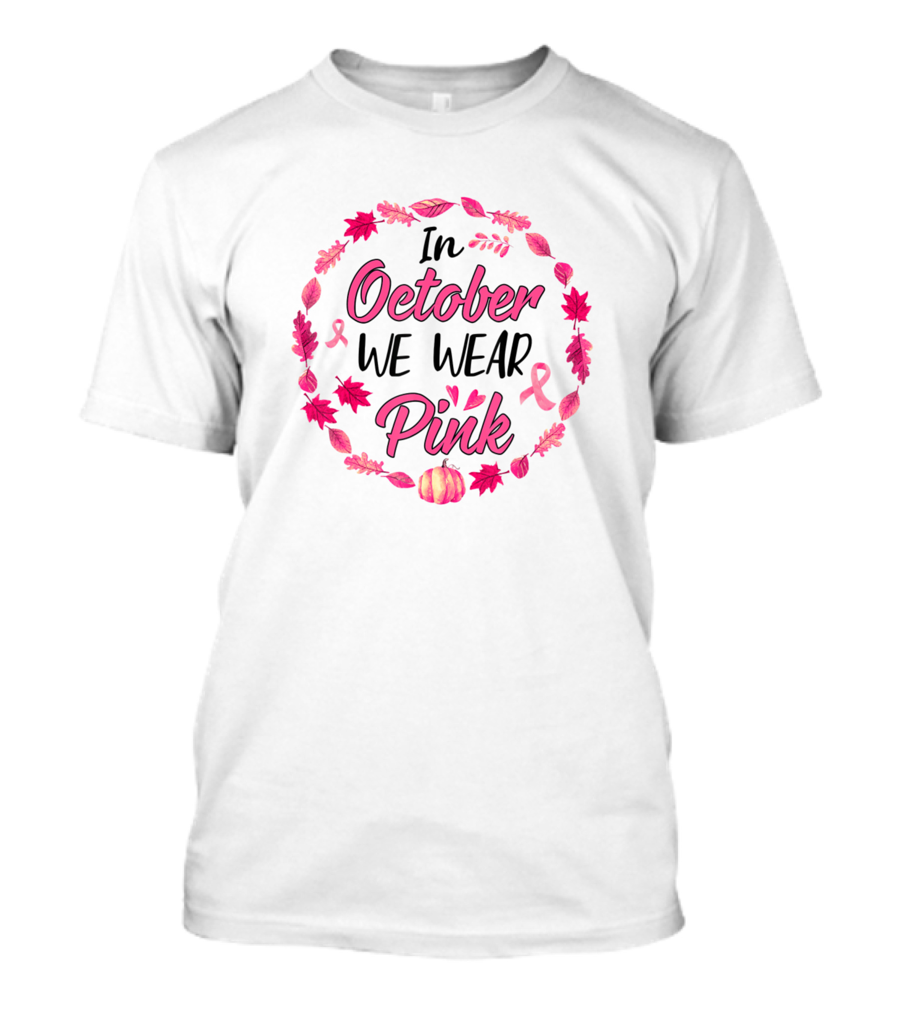 In October We Wear Pink Pumpkin Breast Cancer Awareness Floral T-Shirt