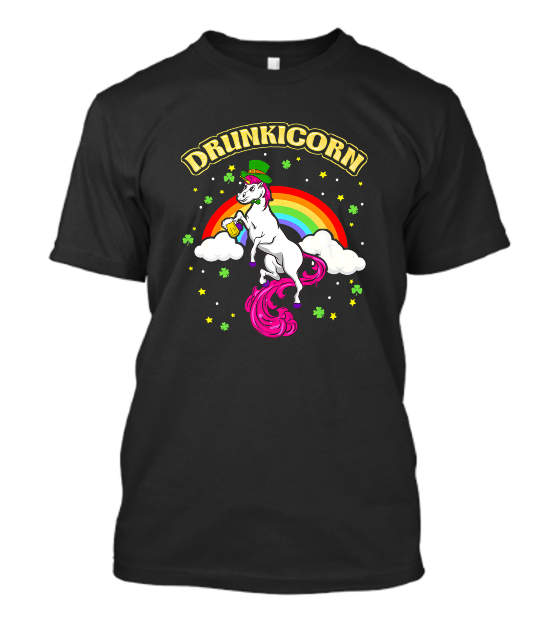 Drunkicorn Irish Unicorn St Patricks Day Beer Humor Rainbow Clouds Shamrocks T-Shirt