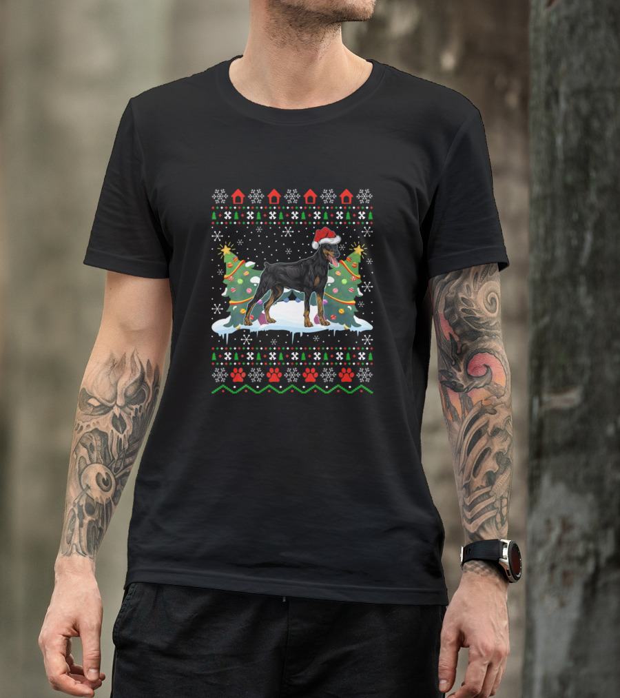 Doberman Pinscher Xmas Ugly Christmas Sweater Dog Holiday Santa Hat T-Shirt
