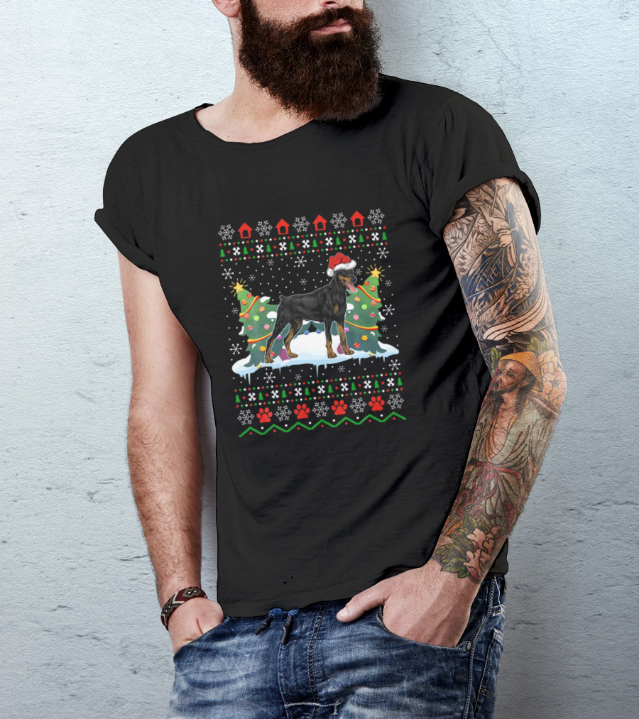 Doberman Pinscher Xmas Ugly Christmas Sweater Dog Holiday Santa Hat T-Shirt