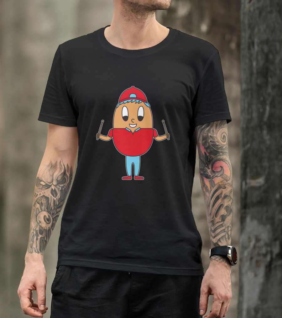 Drummer Egg Character With Sticks In Red Cap T-Shirt