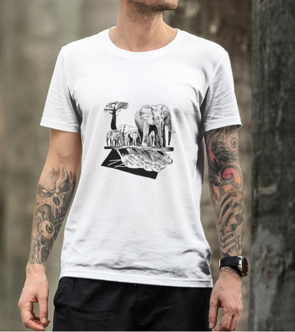 Elefants Elephant Family With Baobab Tree And Reflection T-Shirt
