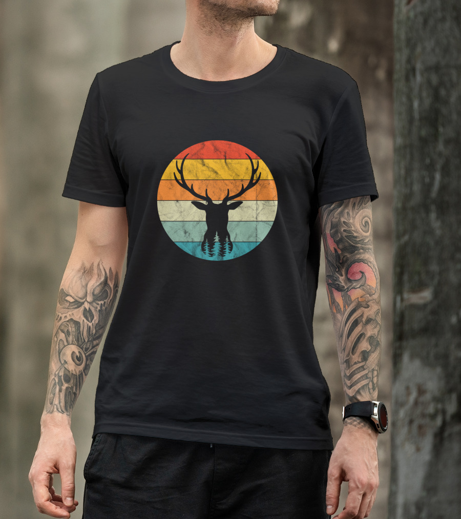 Retro Deer Silhouette With Vintage Stripes T-Shirt