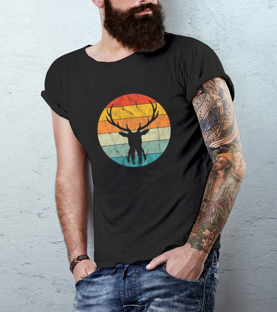 Retro Deer Silhouette With Vintage Stripes T-Shirt