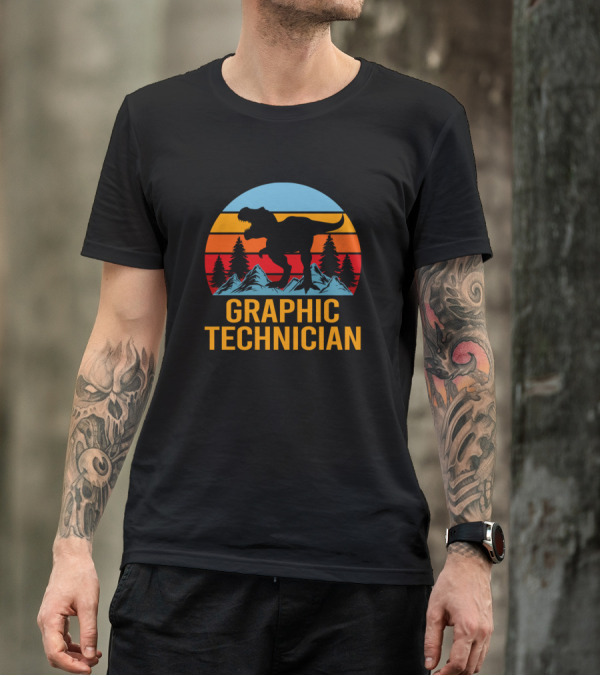 Graphic Technician Dinosaur Silhouette Scene With Sunset And Mountains T-Shirt