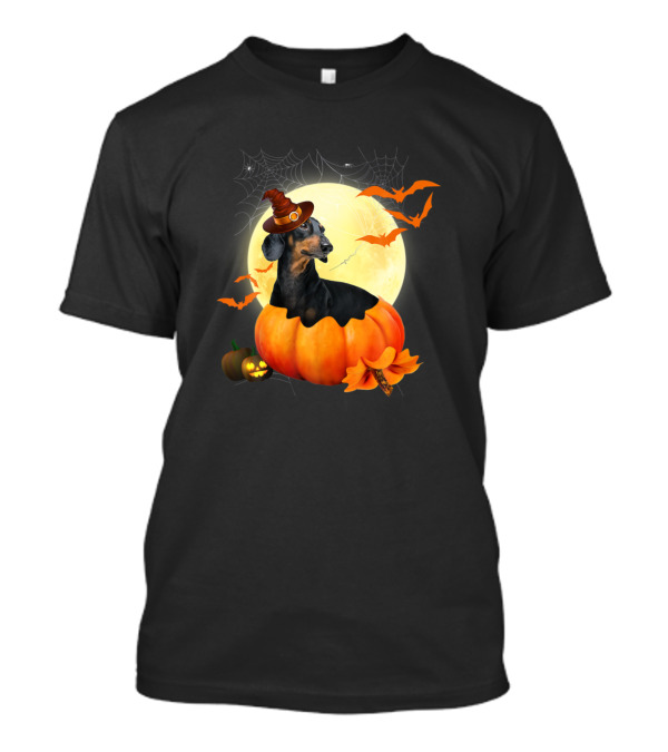 Halloween Dachshund In Pumpkin With Witch Hat And Full Moon T-Shirt