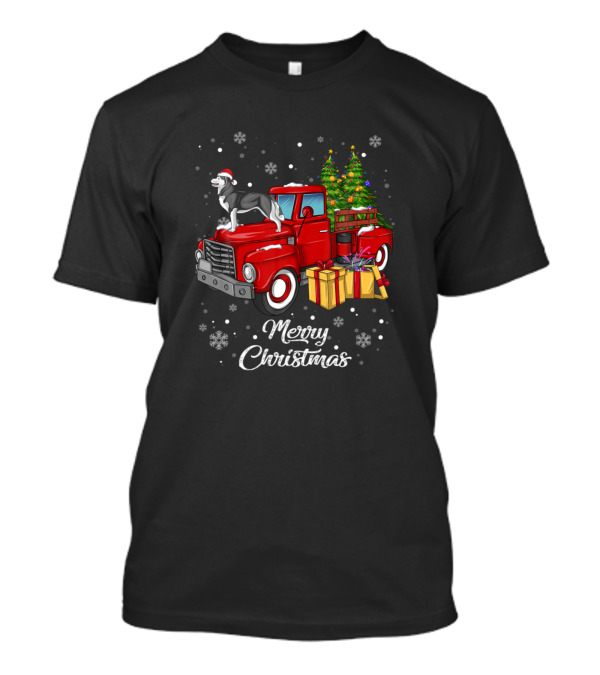 Husky On Red Truck With Christmas Tree And Gifts Snowflakes Merry Christmas T-Shirt