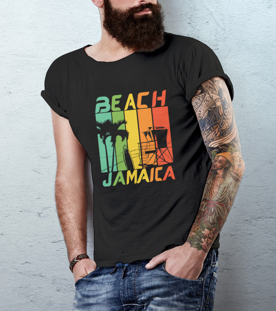 Beach Jamaica Palm Trees And Lifeguard Tower Retro Stripes T-Shirt